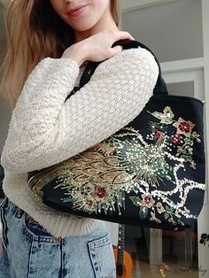 BirdinBag - Embroidered Womens Satchel: Retro Style Handbag with Removable Strap, Perfect Mothers Day Gift Black Embroidered Shopping Bag, Gold Embroidered Tote Bag, Embroidered Canvas Shopping Bag, Embroidered Handheld Shoulder Bag For Shopping, Handheld Embroidered Shoulder Bag For Shopping, Embroidery Bags, Big Bags, Satchel Bag, Black Bag