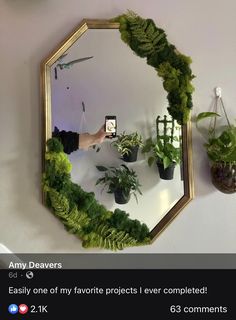 a mirror that has plants on it and a person taking a selfie in the mirror