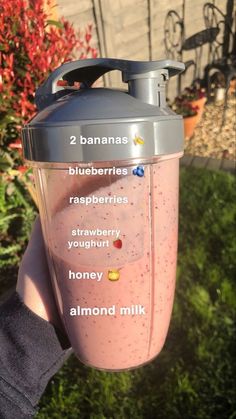 a hand holding a blender with ingredients labeled in the top and bottom half on it