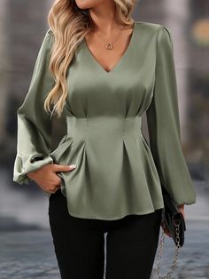 Women's Solid V-Neck Lantern Sleeve Elegant Blouse, Spring & Summer Green Elegant  Extra-Long Sleeve Satin Plain Peplum Non-Stretch  Women Clothing, size features are:Bust: ,Length: ,Sleeve Length: Fitted Dress Classy, Satin Long Sleeve Top, Satin Shirts, Inexpensive Clothes, Beautiful Casual Dresses, Women Blouses Fashion, Satin Long Sleeve, Extra Long Sleeves, Fashionista Clothes