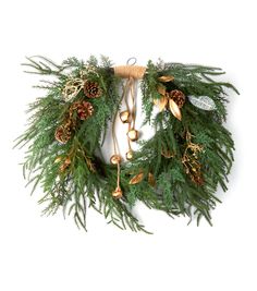 a christmas wreath with pine cones and bells