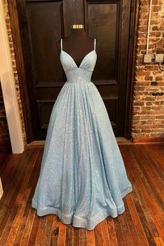 Formal Evening Dresses Long, Light Blue Prom, Light Blue Prom Dress, Blue Prom Dress, A Line Evening Dress, Sequin Formal Dress, Prom Dresses With Pockets, Stunning Prom Dresses, Spaghetti Strap Prom Dress