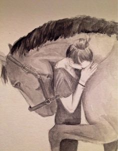 a drawing of a person hugging a horse