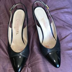 Size- 8 Used Color- Black No Box In Good Condition Leather Made In Italy Chanel Heels, Shoes Chanel, Old Shop, Watch Accessories, Slingbacks, Chanel Shoes, Chanel Ballet Flats, Christian Louboutin Pumps, Sling Backs