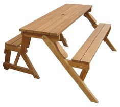 a wooden picnic table with two benches on it's sides and one bench attached to the back