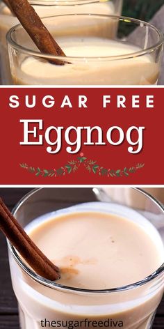 two glasses filled with eggnog and cinnamon sticks on top of each glass,