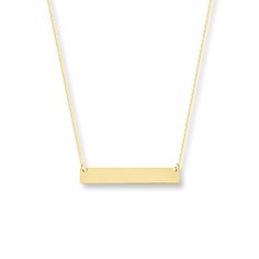 Delicate but dynamic, this bar necklace for her features a high-polish 14K yellow gold bar suspended between cable chains. Secured with a lobster clasp, the necklace is adjustable from 16 to 18 inches in length. Gold Bar Necklace Engraved, Gold Bar Necklace Personalized, Jewelry By Brand, Engraved Bar Necklace, Jewelry Education, Jewelry Advice, Bar Necklace Personalized, Hot Jewelry, Gold Bar Necklace