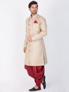 Vastramay Cotton Blend Brown and Maroon Baap Beta Sherwani Enhance your style with this exquisite Baap Beta Sherwani, blending tradition with modern elegance. Made from premium cotton blend fabric, it offers comfort and sophistication. Key Features: Elegant brown and maroon design Made from high-quality cotton blend fabric Perfect for traditional occasions and ceremonies Comes with intricate embroidery and detailing Available in various sizes to suit your fit Specifications: Color: Brown and Mar Beige Kurta With Traditional Drape For Ceremonial Occasions, Beige Festive Kurta With Traditional Drape, Beige Bandhgala With Dabka In Traditional Drape, Traditional Fitted Beige Nehru Jacket, Fitted Beige Nehru Jacket In Traditional Style, Festive Beige Nehru Jacket, Traditional Beige Nehru Jacket With Drape, Traditional Beige Nehru Jacket With Traditional Drape, Beige Long Sleeve Bandhgala For Diwali