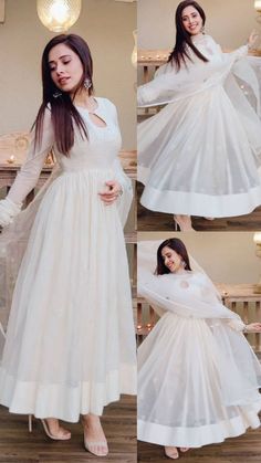 White Anarkali Suits Simple, Long Gown Designs With Saree, Anarkali White Dress, Indian Wedding Dresses Simple, White Anarkali Dress Simple, White Long Dress Indian Style, White Dress Outfit Indian, Saree Into Anarkali Dress, Off White Anarkali Suits