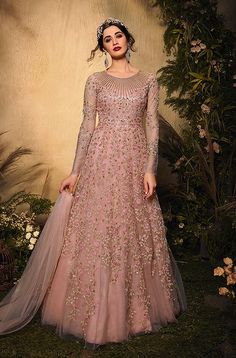 Rose Pink Designer Heavy Embroidered Bridal Anarkali Gown-Saira's Boutique Bridal Anarkali, Pink Anarkali, Net Gowns, Anarkali Salwar, Gown Suit, Gaun Fashion, Designer Anarkali, Bridal Dress Fashion, Anarkali Gown