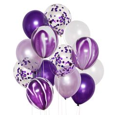 purple and white balloons with confetti on them