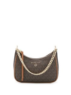 Jet Set Charm shoulder bag from MICHAEL MICHAEL KORS featuring brown, leather, all-over logo print, gold-tone logo lettering, gold-tone hardware, chain-link shoulder strap, top zip fastening and main compartment. | MICHAEL Michael Kors Jet Set Charm shoulder bag Handbag Essentials, Small Pouch, Cute Animal Photos, Small Pouches, Strap Top, Mini Purse, Handbags Michael Kors, Kors Jet Set, Jet Set