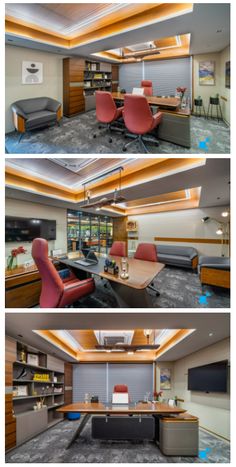 three different views of an office with desks, chairs and bookshelves in it