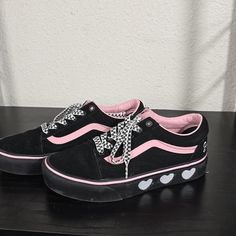 They Are In Fantastic Condition. They Look Brand New. Rare And Unique Limited Edition 2018 Lazy Oaf And Vans Platform Trainers! No Longer Sold By Vans Or Lazy Oaf. Featuring Cute Pastel Pink Detailing, White Hearts On Platform And Checkerboard Laces. Vans Platform, Fire Shoes, Old Skool Platform, Platform Vans, Disney Vans, Vans Pink, Platform Trainers, Red Vans, Nike Tennis Dress