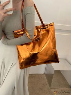 BirdinBag - Contemporary Metallic Tote Bag with Spacious Capacity and Sleek Design Simple Chic, Orange Bag, Word Wrap, Shopper Bag, Chic Design, Color Orange, Sleek Design, Orange Color, Pu Leather