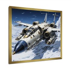 a painting of two fighter jets flying in the sky over snow covered mountains with seagulls