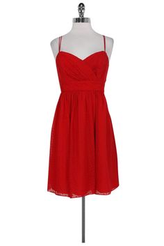 Current Boutique-Shoshanna - Red Dotted Empire Waist Dress Sz 6 Red V-neck Dress With Pleated Bodice, Dress With Sweetheart Neckline And Crisscross Straps, Fitted Dress With Crisscross Straps And Sweetheart Neckline, Fitted Bridesmaid Dress With Crisscross Straps, Flirty Dress With Sweetheart Neckline And Crisscross Straps, Chic Dresses With Crisscross Straps And Fitted Bodice, Summer Bridesmaid Dress With Crisscross Straps, Spaghetti Strap Dress With Pleated Bodice For Date Night, Date Night Dresses With Pleated Bodice And Spaghetti Straps