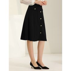 Incorporating this classic button-front skirt with an A-line cut into your wardrobe can elevate your everyday look to new heights. The charming decor button design adds a touch of elegance, making it suitable for any age and occasion. You can easily dress it up with a stylish ankle boot and a fitted knit or a fancy tie-neck shirt to add a touch of glamour to your outfit. Don't be afraid to experiment with different styles and make this versatile skirt a staple in your wardrobe. Fitted A-line Bottoms With Buttons, A-line Fitted Bottoms With Buttons, Chic A-line Skirt With Button Closure, Office Midi Skirt With Buttons, Chic A-line Skirt With Buttons, Chic Midi Skirt With Buttons, Elegant Knee-length Buttoned Skirt, Classic A-line Workwear Bottoms, Elegant Knee-length Skirt With Buttons