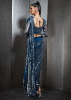 Our draped sari has metallic fringes. Paired with a one-shoulder, cord embroidered blouse. Perfect for a sangeet/ reception. Rahul Khanna, Reception Bride, Draped Saree, Blue Drapes, Drape Saree, Blouse For Women, Metallic Dress, Blouse Online, Saree With Blouse