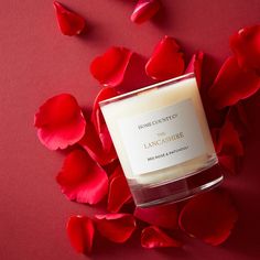 a candle surrounded by petals on a red background