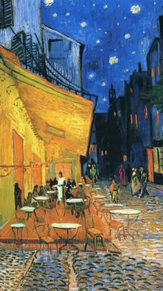 an image of a street scene with people sitting at tables