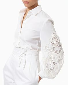 Carolina Herrera White Embroidered Puff Sleeve Blouse Collar Long balloon sleeves; button cuffs Concealed button down front closure Regular fit Embroidered detail 97% cotton, 3% polyurethane Cropped Wide Leg Trousers, Emb Designs, Cocktail Jacket, Puff Sleeve Blouse, Long Puff Sleeves, Carolina Herrera, Sweater Skirt, Hip Length, Wide Leg Trousers