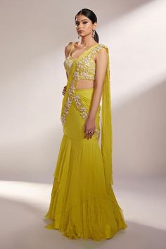 Buy Yellow Georgette Embellished Leah Fish Cut Lehenga Saree And Blouse Set For Women by Kiyohra Online at Aza Fashions. Lime Yellow Lehenga, Fish Cut Saree, Mermaid Saree, Fish Cut Lehenga, Lehenga Sarees, Leah Fish, Fish Cut, Lehenga Saree Design, Simple Lehenga