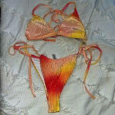 Nwot, Ombr Style, Yellow Orange And Pink, Tagged As Size Large But More Of A Medium, Cups In Top Yellow Strappy Swimwear For Vacation, Yellow Strappy Swimwear For The Beach, Yellow Strappy Swimwear For Poolside, Yellow Strappy Swimwear For Beach, Yellow Strappy Summer Swimwear, Yellow Strappy Swimwear For Summer, Yellow Summer Party Swimwear, Yellow Fitted Tie-side Swimwear Bottom, Yellow Party Swimwear For Beach Season