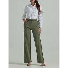 Add a little extra personality to your business casual wardrobe with the Lee® Ultra Lux Comfort Pant. These slacks are built to combine the best of style and comfort, with a sleek design that feels more like wearing lounge wear to the office. They come with a wide leg that fits perfectly all the way to the waist, and gives your legs plenty of room to move. Pair them with a flowy blouse for a look that's as comfortable as it is stylish. 67% Rayon, 28% Nylon, 5% Spandex. Olive Grove. 2 W / 29 Inch Relaxed Fit Wide-leg Dress Pants For Workwear, Solid Color Ankle-length Office Pants, Relaxed Fit Pants For Work, Office Wide Leg Pants With Welt Pockets, Casual Business Pants In Solid Color, Office Wear Straight Dress Pants With Welt Pockets, Straight Dress Pants With Welt Pockets For Office, Casual Solid Color Pants For Business Casual, Casual Solid Color Business Casual Pants