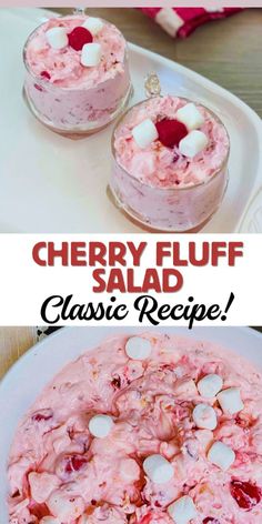 cherry fluff salad recipe with cherries and marshmallows in it on a white plate