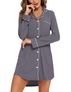 PRICES MAY VARY. Material —— Short Sleeve Button Nightgown is made of 95% Viscose and 5% Spandex, the fabric is ultra soft, breathable, skin-friendly and high elastic, comfortable short nightshirt for women. Boyfriend Style Sleepwear —— Long / Short sleeves, notch collar, v neck, button front, contrast piping, mid-thigh length, curved high-low hem add more fashion sense.postpartum essentials/Breastfeeding shirts for women/Nursing Pajamas Above the Knee length sleepdress is cool. Button up nights Breastfeeding Shirt, Nursing Pajamas, Pajama Dress, Women's Nightgowns, Nightgowns For Women, Hem Design, Sleepwear Sets, Nightgowns, Short Long