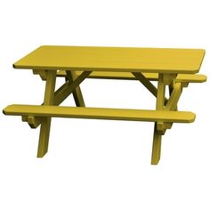 a yellow picnic table sitting on top of a white floor