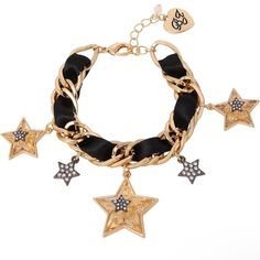 Description Betsey Johnson Bold Chain Link Bracelet With Woven Black Ribbon And Mixed Star Charms. Detailed With Crystal Star Charms Adorned With Gold-Tone Flecks, And Smaller Contrasting Hematite-Tone Pave Star Charms. This Striking Celestial Bracelet Is Set In Gold-Tone Metal And Has An Adjustable Lobster Clasp Closure. Trendy Black Chain Bracelet For Party, Trendy Black Charm Bracelet For Party, Black Metal Chain Bracelet For Party, Metal Charm Bracelet With Star Charm, Black Metal Charm Bracelet With Chain Detail, Party Bracelets With Star Charm, Party Bracelets With Star Charm In Metal, Party Metal Bracelets With Star Charm, Metal Star Charm Jewelry For Party