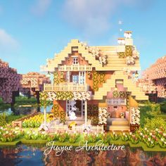 the house is made up of flowers and trees, along with some water in front of it