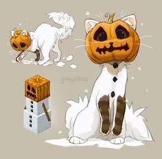 a cat with a pumpkin on its head sitting next to other cats and an animal