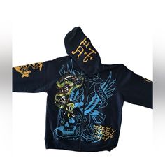 Hoodie Is Deadstock Y2k With No Flaws And Never Worn Message Me For Any Questions Ed Hardy Sweater, Ed Hardy, Zip Up Hoodie, Colorful Hoodies, Message Me, Vintage Tshirts, Blue Yellow, Zip Ups, Men Sweater