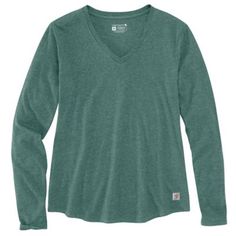 Keep it simple and stylish with the Carhartt Women's Relaxed Fit Midweight V-Neck Long-Sleeve T-Shirt. This long-sleeve shirt is made of soft jersey knit with just the right amount of stretch for comfort. The durable construction of this V-neck shirt ensures lasting use and tear-resistance. A rounded hem adds extra coverage to this sturdy women's shirt. Ships 1 Carhartt women's shirt Comfortable, relaxed fit Stylish V-neck collar Rounded hemline Tagless neck label for a smooth feel Imported prod Carhartt Women's Outfit, Carhartt Long Sleeve, Carhartt Workwear, Slate Green, Carhartt T Shirt, Green Long Sleeve Top, Carhartt Womens, Carhartt Shirts, Pocket Tee Shirts