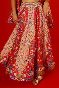 Red chanderi lehenga with floral hand painted motifs and abstract hand embroidered waistband. Comes with a blouse and a tie-dupatta. - Aza Fashions Chanderi Lehenga, Abstract Hand, Set Women, Aza Fashion, Red Floral, Floral Painting, Lehenga, Hand Embroidered, Hand Painted