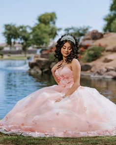 a woman in a pink dress is sitting on the grass near water wearing a tiara