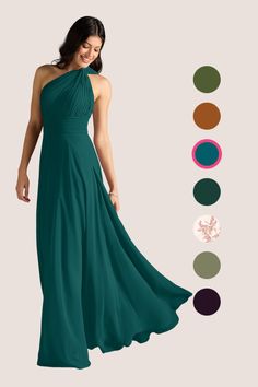 a woman in a long green dress standing next to color swatches and the colors she is wearing