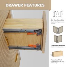 the instructions for drawer features include two drawers, one with handles and an opening door