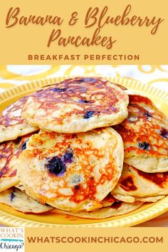 banana and blueberry pancakes on a yellow plate