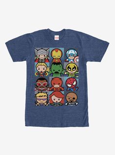 Marvel Kawaii Heroes T-Shirt Kawaii T-shirt With Cartoon Print For Fans, Kawaii T-shirt With Character Print For Fans, Kawaii Cartoon Print T-shirt For Fans, Fun Character Print T-shirt For Fan Conventions, Superhero Cotton T-shirt With Character Print, Superhero Short Sleeve T-shirt With Character Print, Fun Short Sleeve T-shirt With Anime Print, Blue Pop Culture T-shirt With Character Print, Kawaii Character Print Fan Merchandise Tops