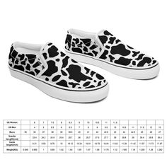 Production Process: Sublimation Material Description: Canvas Product Performance: Tips: The Shoes are suitable for all teenagers and adults. There are Men or Women sizes for your selection. It is advisable to measure your feet size before purchasing. Slip-on design: Owing to the Slip-on Shoes without shoelaces, you can wear the shoes in seconds and save your time greatly. Comfortable wearing: With flying-weaving fabric on the instep and non-slip sole, the Slip-on Shoes are great for your comfortable wearing. High quality: Fine workmanship and and good material ensure its high quality and a long lifespan. Show your personality: Printed with distinctive patterns, the Slip-on Shoes make you stylish, eye-catching and confident. All-match style: Perfect for matching your casual looks, the class Lounge Wear Men, Cow Print Pattern, Weaving Fabric, Pattern Black And White, New Taiwan Dollar, Slip On Shoe, Clothing Catalog, St Helena, Shoe Gifts