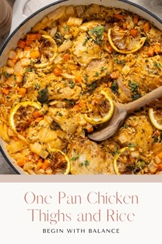 one pan chicken thighs and rice in a skillet with lemons on the side