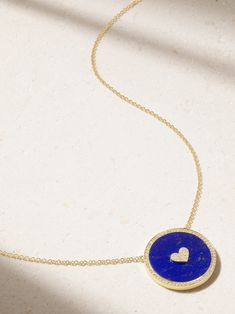 Jennifer Meyer's necklace is a sweet gift for someone you love. Handmade from 14-karat gold, it has a small circular pendant inlaid with lapis lazuli and a heart-shaped cluster of diamonds. The 16-inch chain is ideal for layering with longer or shorter styles. Yellow Gold Lapis Lazuli Jewelry With Polished Finish, Polished Yellow Gold Lapis Lazuli Jewelry, Blue 14k Gold Heart Pendant Jewelry, Luxury Gold Necklace With Lapis Lazuli, Blue Medallion Necklace For Anniversary, Yellow Gold Lapis Lazuli Round Necklace, 14k Gold Sapphire Necklace, 14k Gold Round Sapphire Necklace, Anniversary Yellow Gold Lapis Lazuli Jewelry