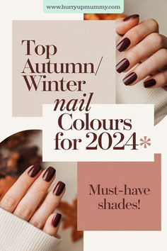 A close-up of a hand with deep burgundy nail polish, styled with a cozy sweater, set against a fall-inspired background. Dark Autumn Nails Colour, Neutral Nails 2024, Dark Autumn