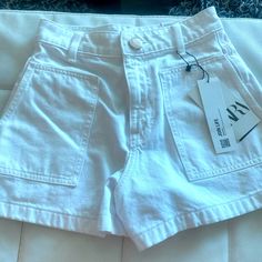 New With Tag Short Denim By Zara Zara Cotton Jean Shorts For Day Out, Cotton Jean Shorts For Everyday Spring Wear, Trendy White Jean Shorts For Everyday, Cotton Jean Shorts For Spring Everyday Wear, Zara Jeans For Everyday Summer Wear, Spring Cotton Jean Shorts For Everyday, Zara Summer Jeans For Everyday Wear, Trendy Zara Jean Shorts With Pockets, White Jean Shorts For Spring Everyday Wear