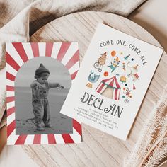 a card with an image of a boy in overalls and a circus tent on it