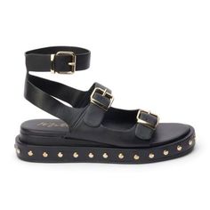 Footbed sandal with buckle and studded detail. | Matisse Nina Footbed Sandal, Black, 6M Spring Rivets Open Toe Sandals, Spring Open Toe Sandals With Rivets, Summer Sandals With Rivets And Round Toe, Summer Leather Sandals With Rivets, Spring Beach Sandals With Rivets, Open Toe Sandals With Rivets For The Beach, Footbed Sandals, Women's Footwear, Fashion Games